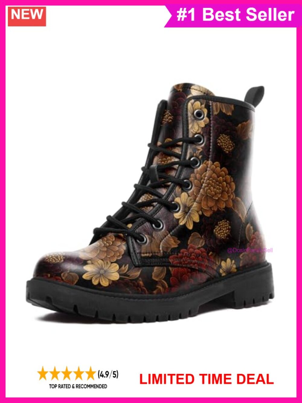 Retro Floral Combat Boots Microfiber Leather Lace-Up Platform Ankle Booties
